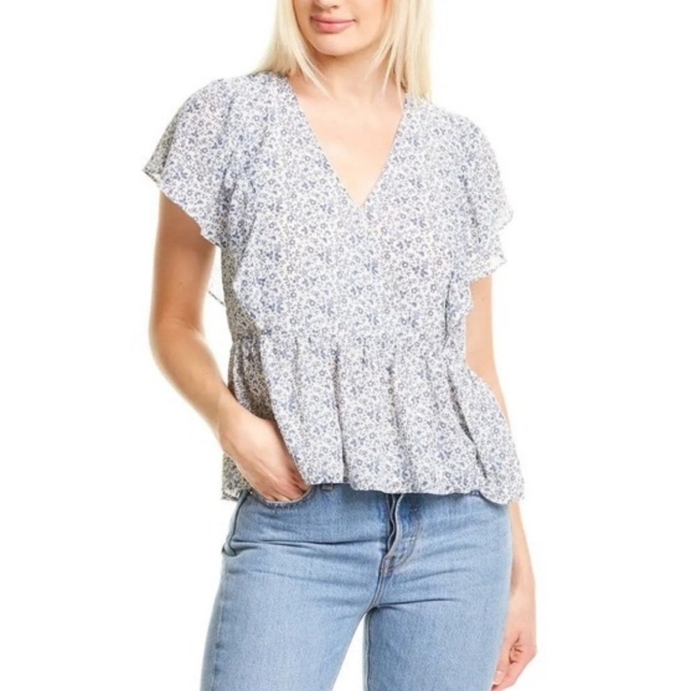 Madewell Ruffle Sleeve Top White Blue Floral S